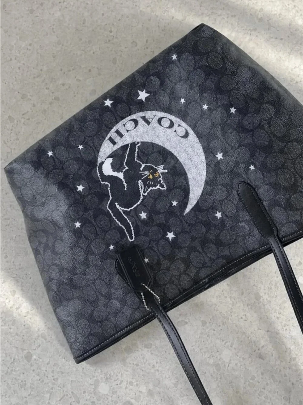 COACH Black Signature Canvas Tote with Moon & Cat Motif